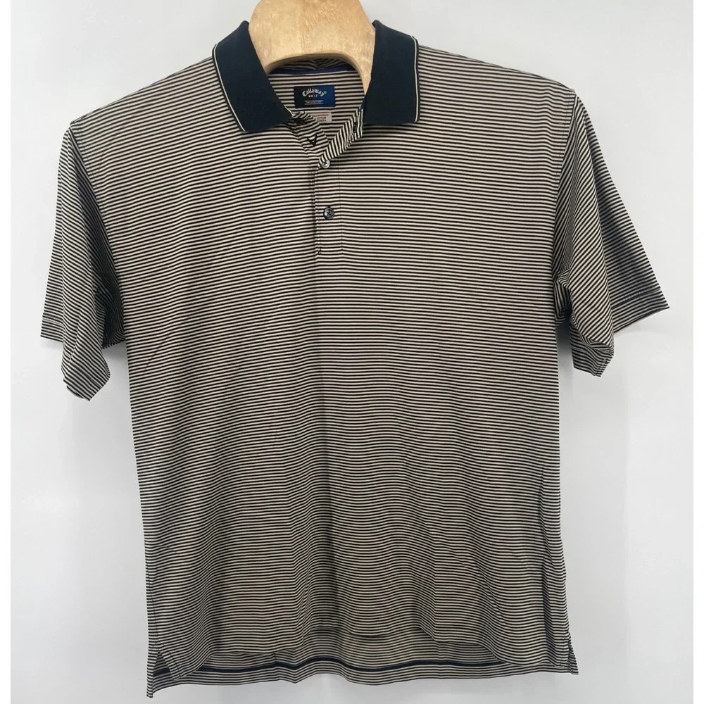 Callaway Golf Polo XL Navy Blue Cream Striped Pima Cotton Mercerized Short Slv - Picture 3 of 7
